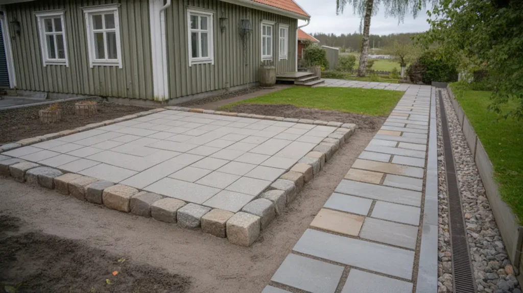 plattl ggning av v xthusgrund och g ngar vid villa i grillby enk ping