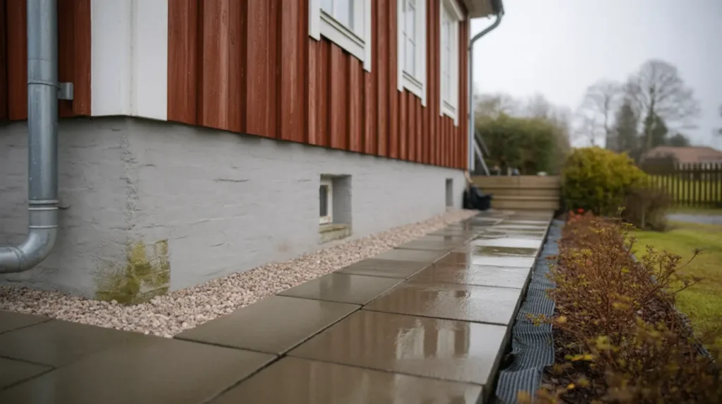 skydda husgrunden vid stenl ggning r tt sockelh jd kapill rbrytning och st nkzon mot fasad