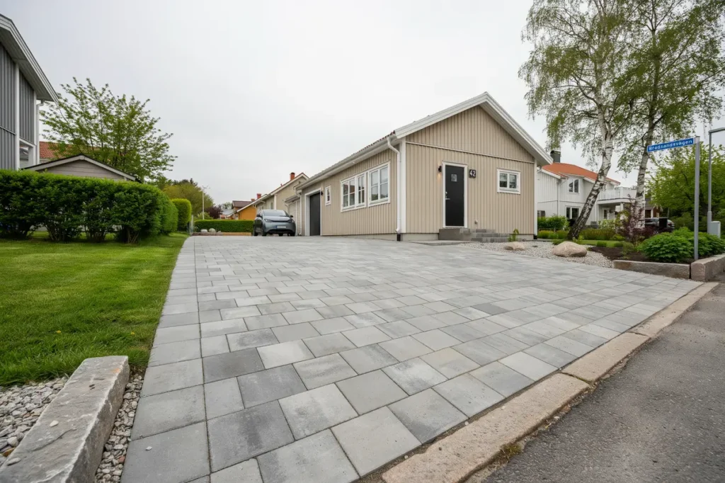 stenl ggning av uppfart med sm gatsten i bredsand enk ping
