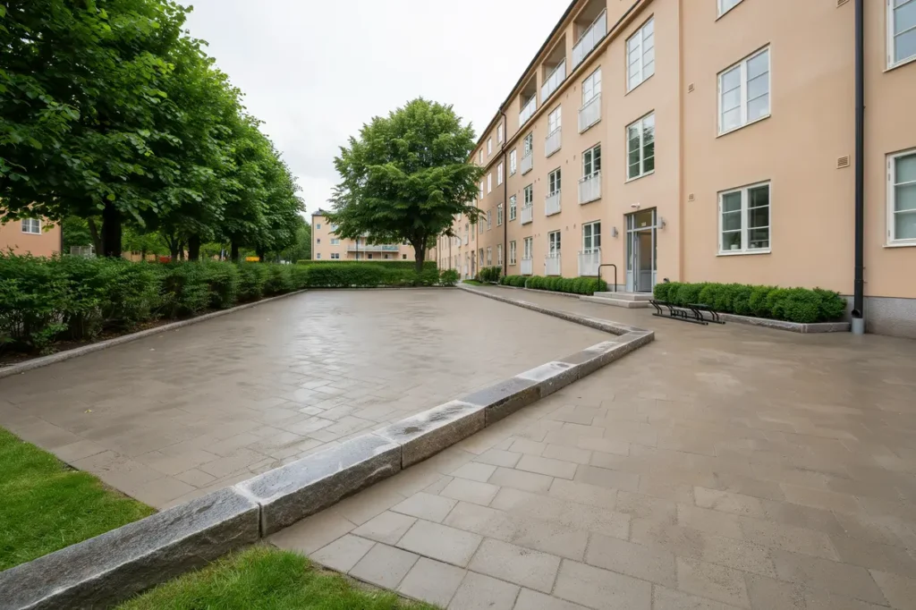 stensatt innerg rd med kantsten vid flerbostadshus i g nsta