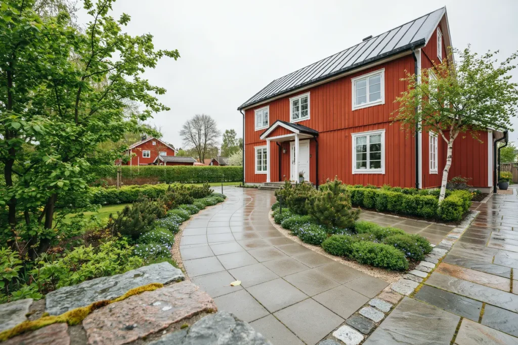 stens ttning runt huset och g ngar snygga l sningar som lyfter b de entr och tr dg rd